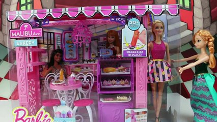 Barbies Malibu Ave Bakery with Frozens Anna and Elsa Kristoff. Dreamhouse Cakes Cookies