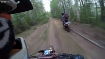 Russian bikers have a close call with a bear crossing the trail!