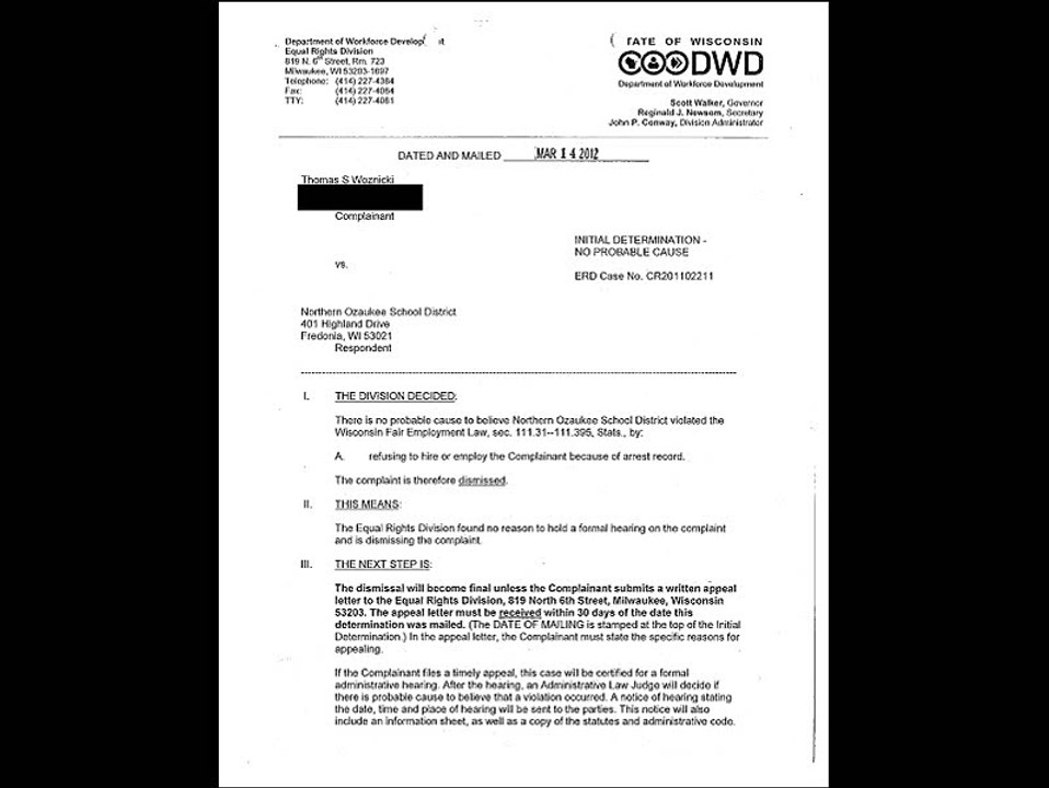 Thomas Woznicki Discrimination Complaint (Dismissal, March 2012)