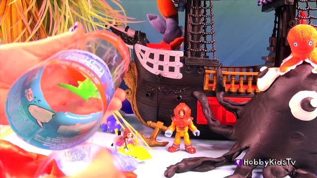 Spongebob Imaginext Whale Pirate Ship! Surprise Egg Shark HUGE Octopus Attacks HobbyKidsTV