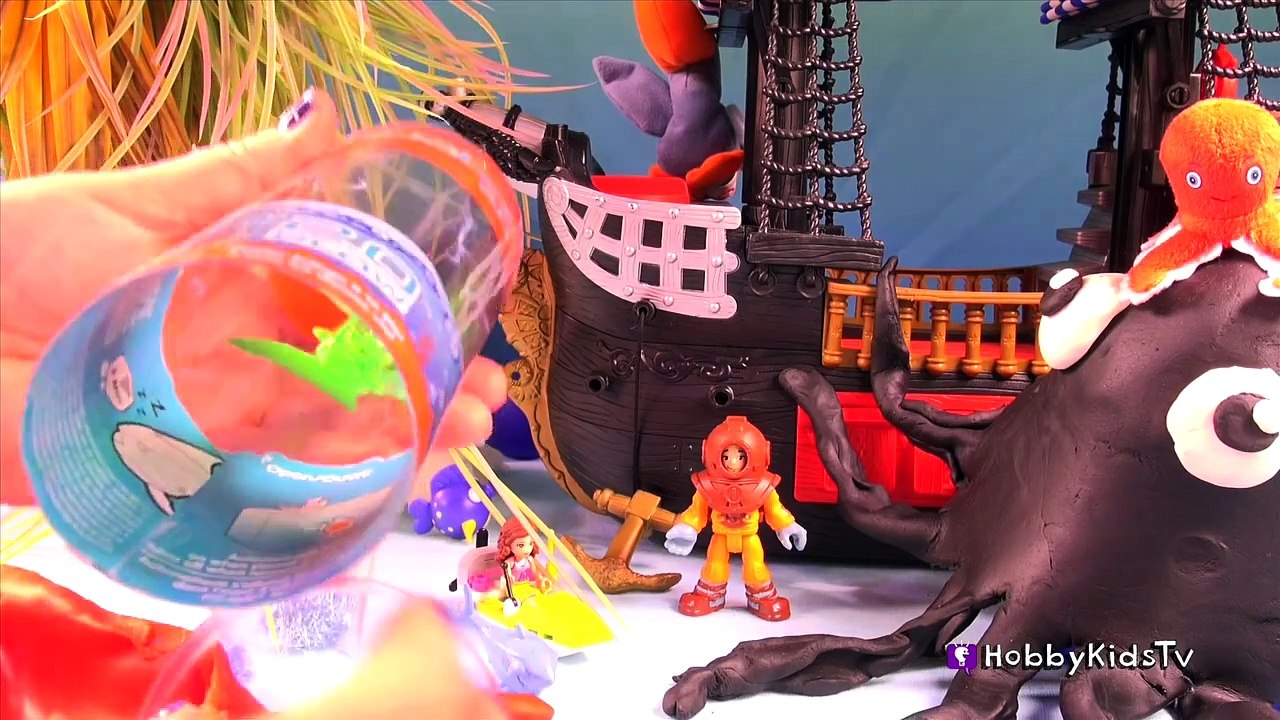 Spongebob Imaginext Whale Pirate Ship! Surprise Egg Shark HUGE Octopus Attacks HobbyKidsTV