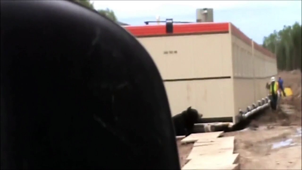 A man disguised in a bear costume scares a construction worker.