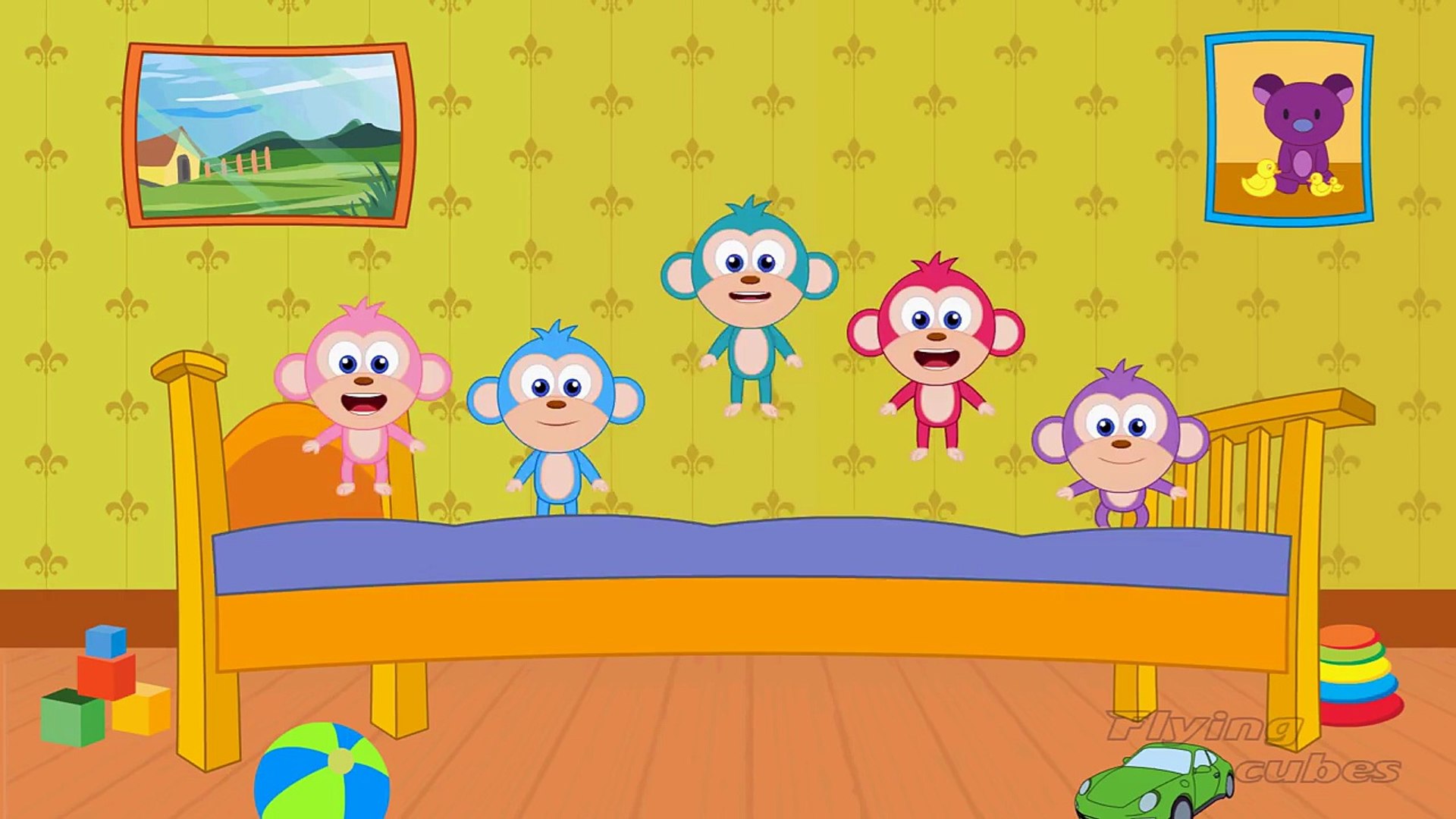Five Little Monkeys Jumping On The Bed Nursery Rhyme By FLYING CUBES -  Dailymotion Video