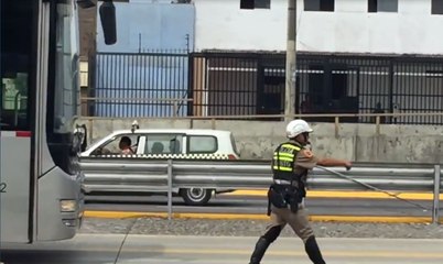 Policía detiene tráfico en Lima para salvar un gatito