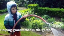 Little boy watering plants in the garden