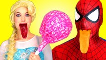 Spiderman, Frozen Elsa vs Joker! Gummy Joker Tongues & Giant Lollipop! Superhero Fun in Real Life