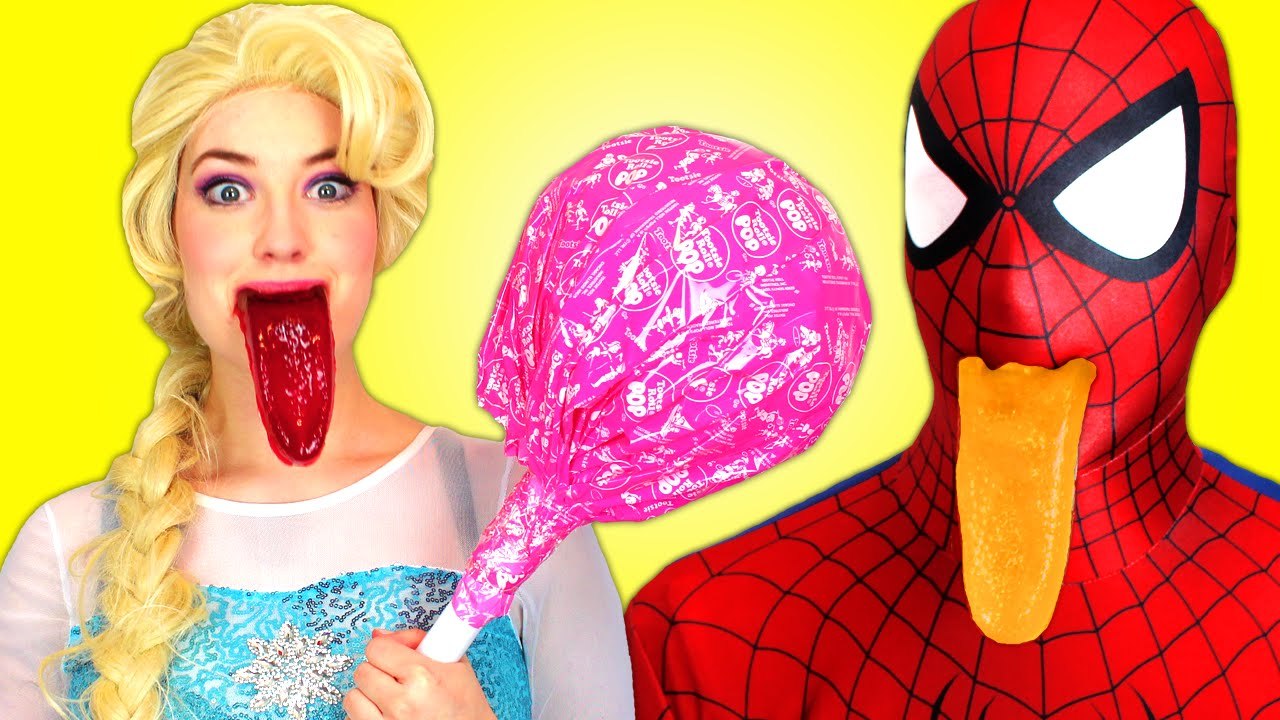 Spiderman, Frozen Elsa vs Joker! Gummy Joker Tongues & Giant Lollipop! Superhero Fun in Real Life
