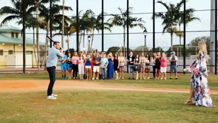 Freddie Freeman smashes an exploding baseball to reveal his baby's gender