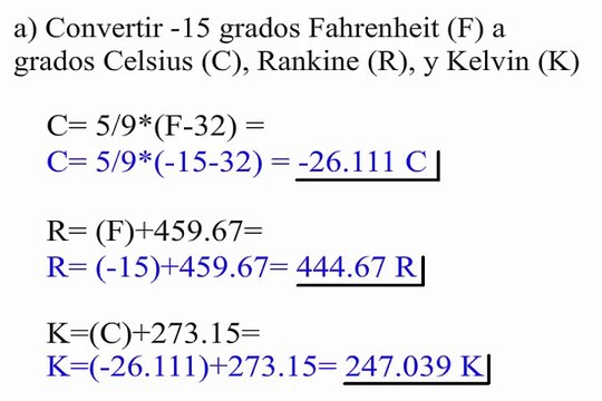 Convertir grados Fahrenheit a Celsius, Rankine y Kelvin