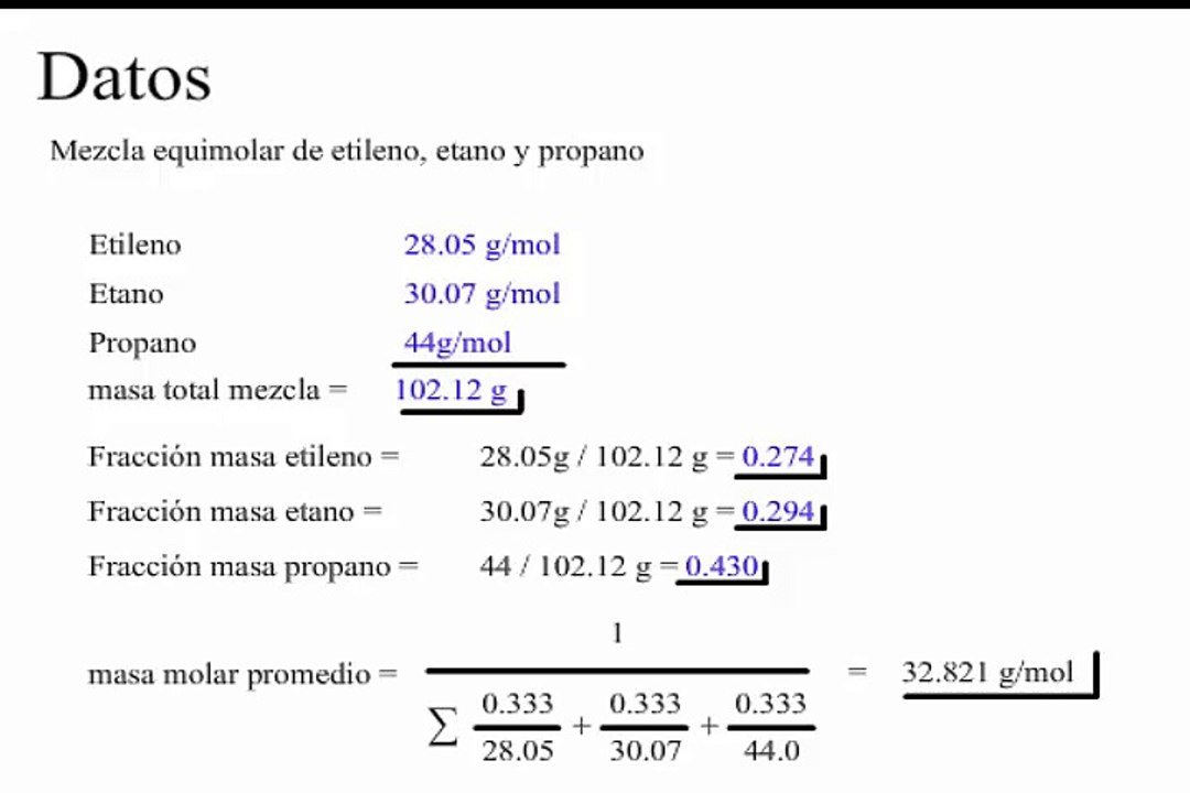 Una mezcla de gases contiene cantidades equimolares de etileno, etano y propano