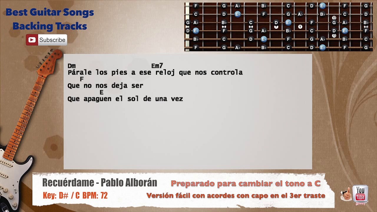 Recuerdame - Pablo Alboran Guitar Backing Track with scale, chords and lyrics