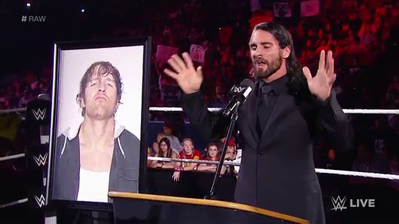 Roman Reigns crashes Seth Rollins and Kane's "eulogy" for Dean Ambrose- Raw, Aug. 25, 2014