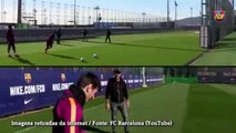 É muito talento! Messi e Suárez duelam no desafio do gol sem ângulo