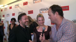 Ricky Gervais smashes big sweaty reporter, Brad Blanks