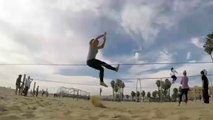Girl Bounces on Slackline