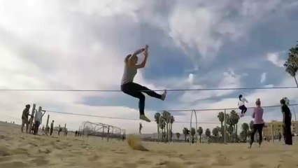 Girl Bounces on Slackline