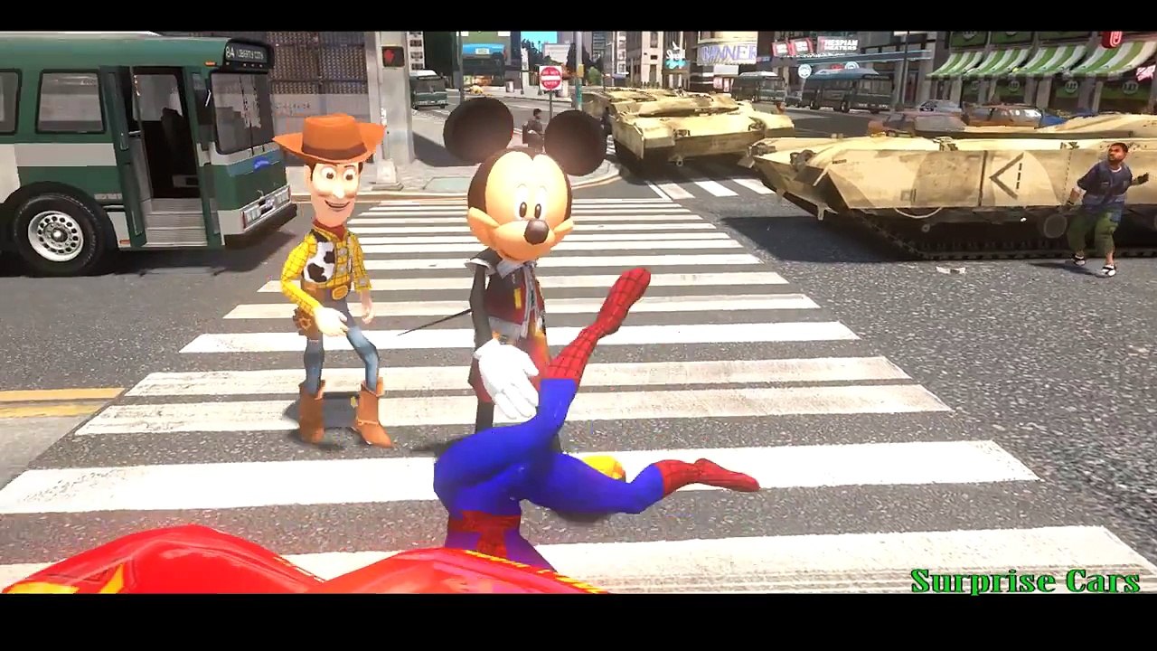 Mickey Mouse meets spiderman & woody nursery action songs for children with the bus