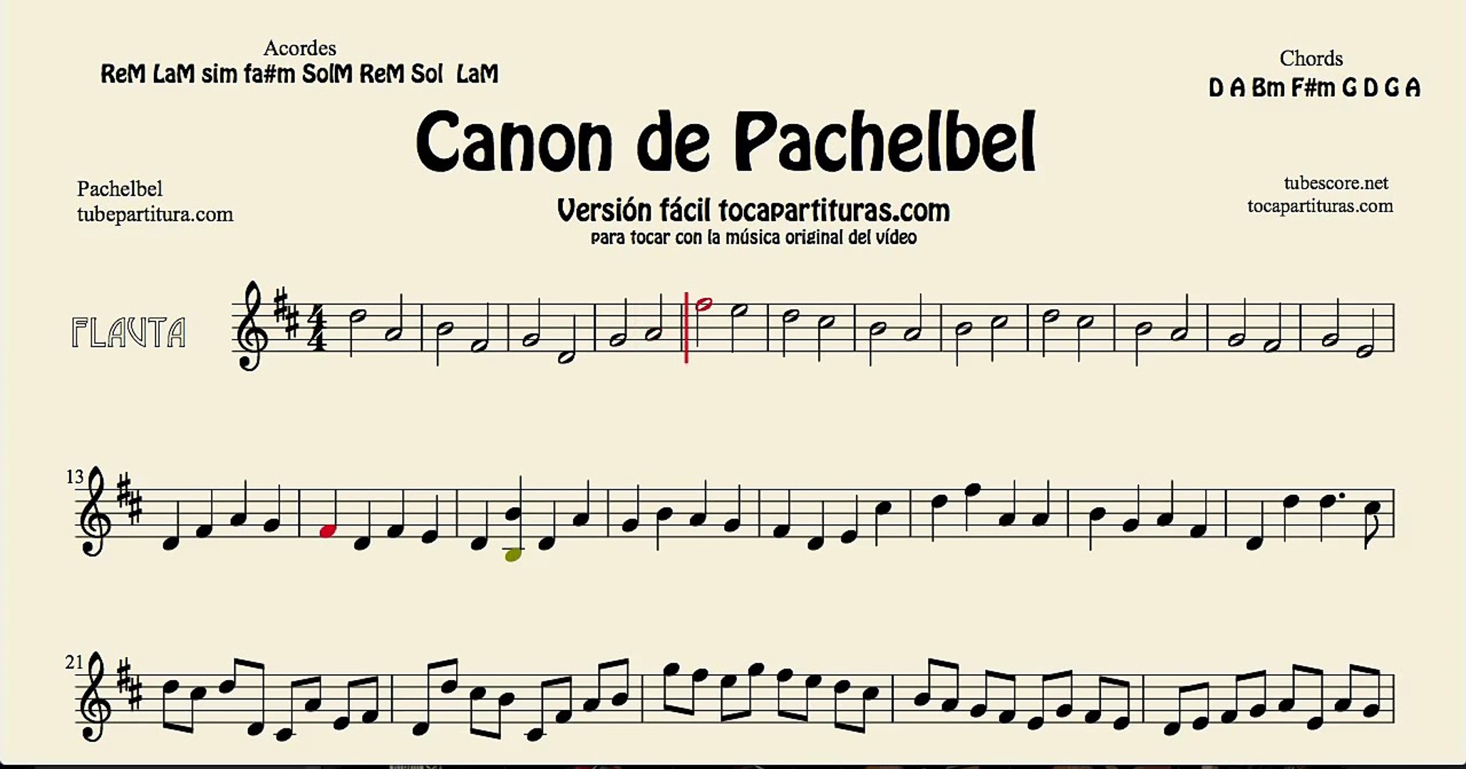 Canon de Pachelbel en D Partitura de Flauta Travesera, flauta dulce y de  pico - Dailymotion Video