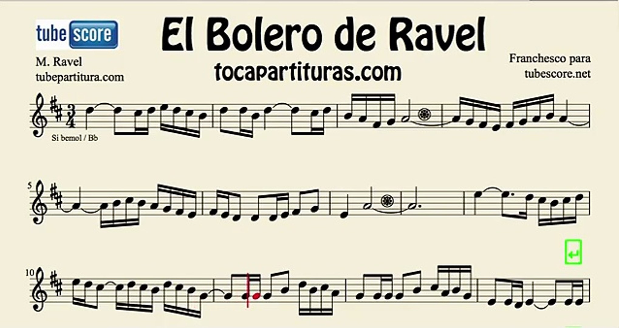 El Bolero de Ravel Partitura de Trompeta Saxo Tenor Clarinete Soprano. en  Si bemol - Dailymotion Video