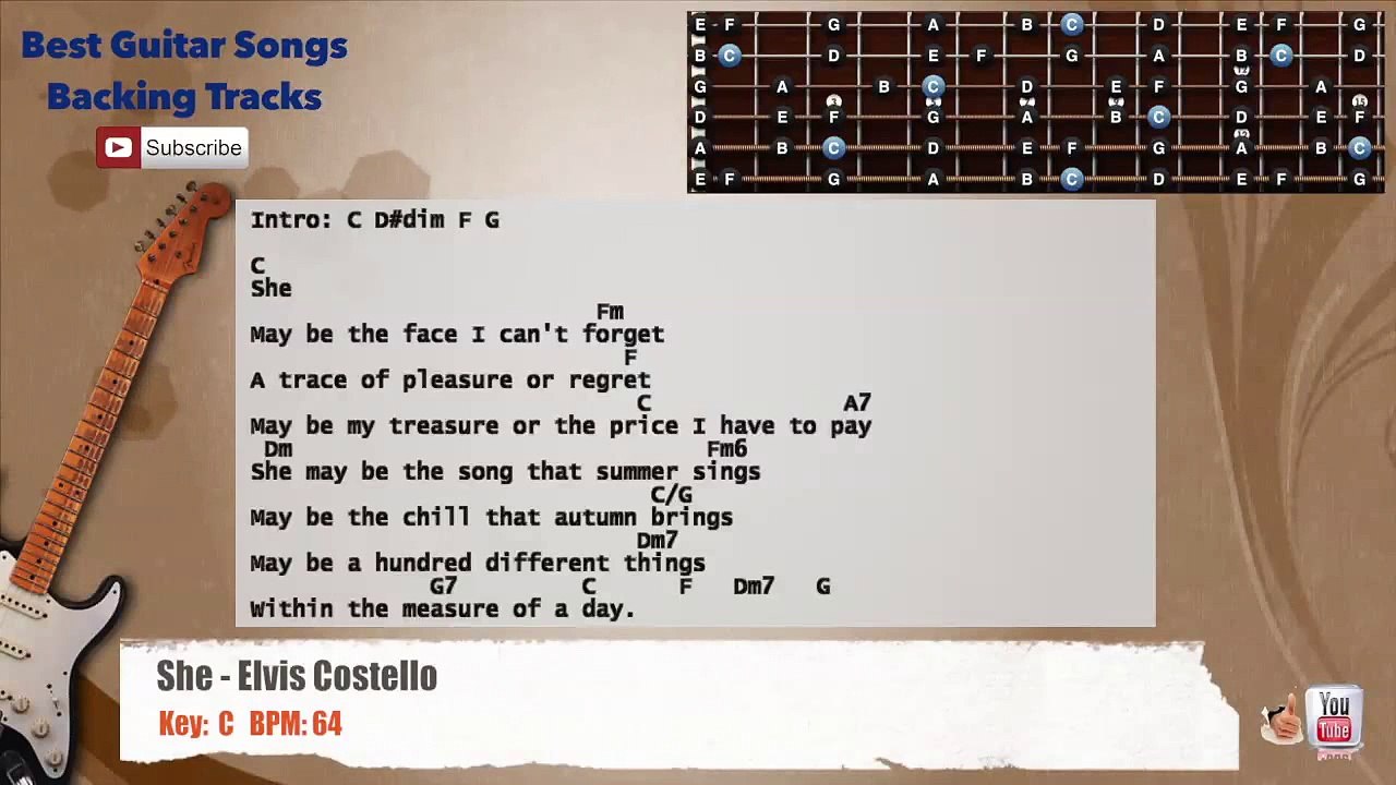 She - Elvis Costello Guitar Backing Track with scale, chords and lyrics