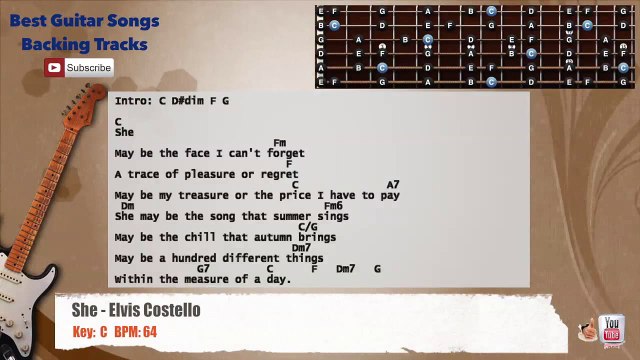 She - Elvis Costello Guitar Backing Track with scale, chords and lyrics