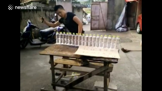 Knife artist chops 16 water bottles in half all at once