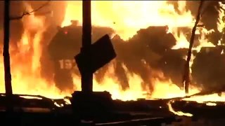 Kiev 2014. First attack of Berkut to Maidan. Burnt armored personnel carrier (APC)