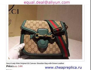 Gucci Lady Web Original GG Canvas Shoulder Bag with Green Leather for Sale