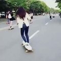 Girl is scating on road so nice video