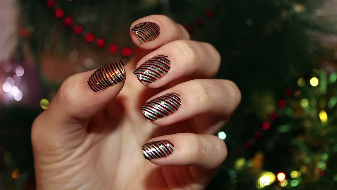 Новогодний дизайн ногтей с лентой - Cute Nail Art Design for Christmas - Candy Cane
