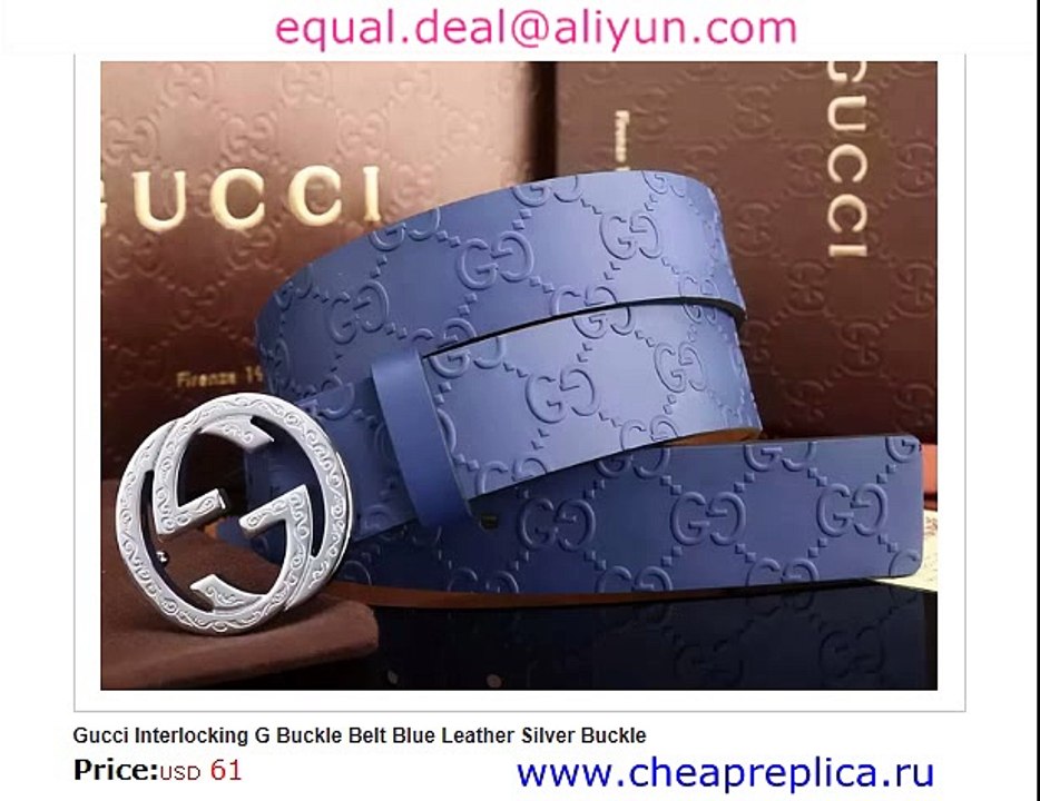Gucci Interlocking G Buckle Belt Blue Leather Silver Buckle Replica for Sale