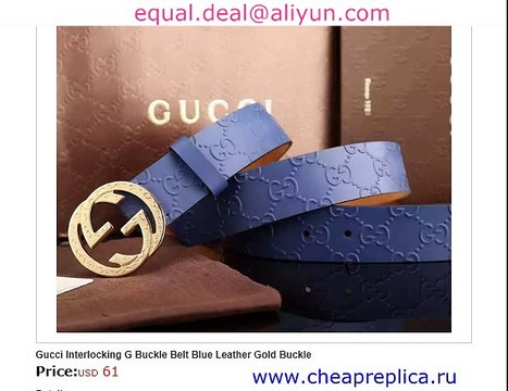 Gucci Interlocking G Buckle Belt Blue Leather Gold Buckle for Sale