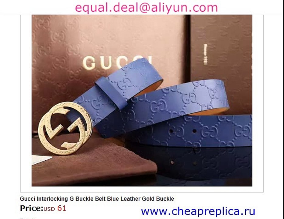 Gucci Interlocking G Buckle Belt Blue Leather Gold Buckle for Sale