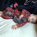 Ces deux petits chiots se blottissent contre ce bébé humain. Mais lorsqu'il commence à se réveiller...? ADORABLE !