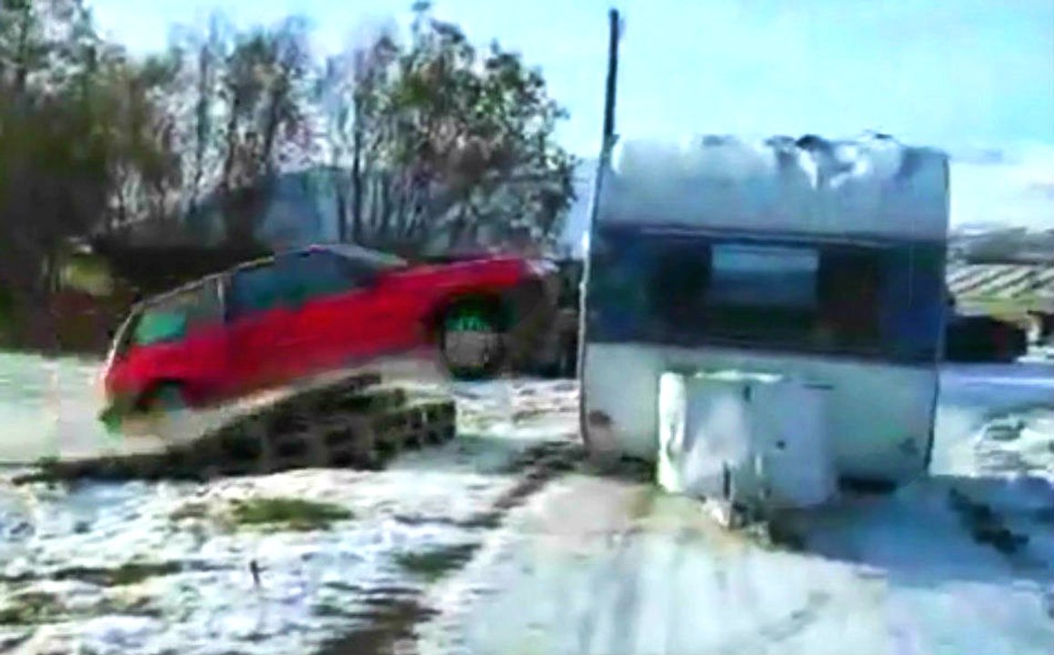 Car Jumps Straight Through Trailer