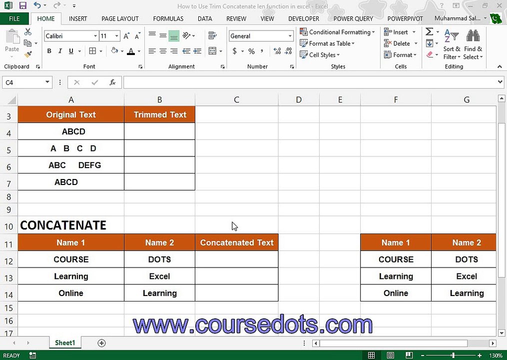 How to Use Trim Concatenate len function in excel