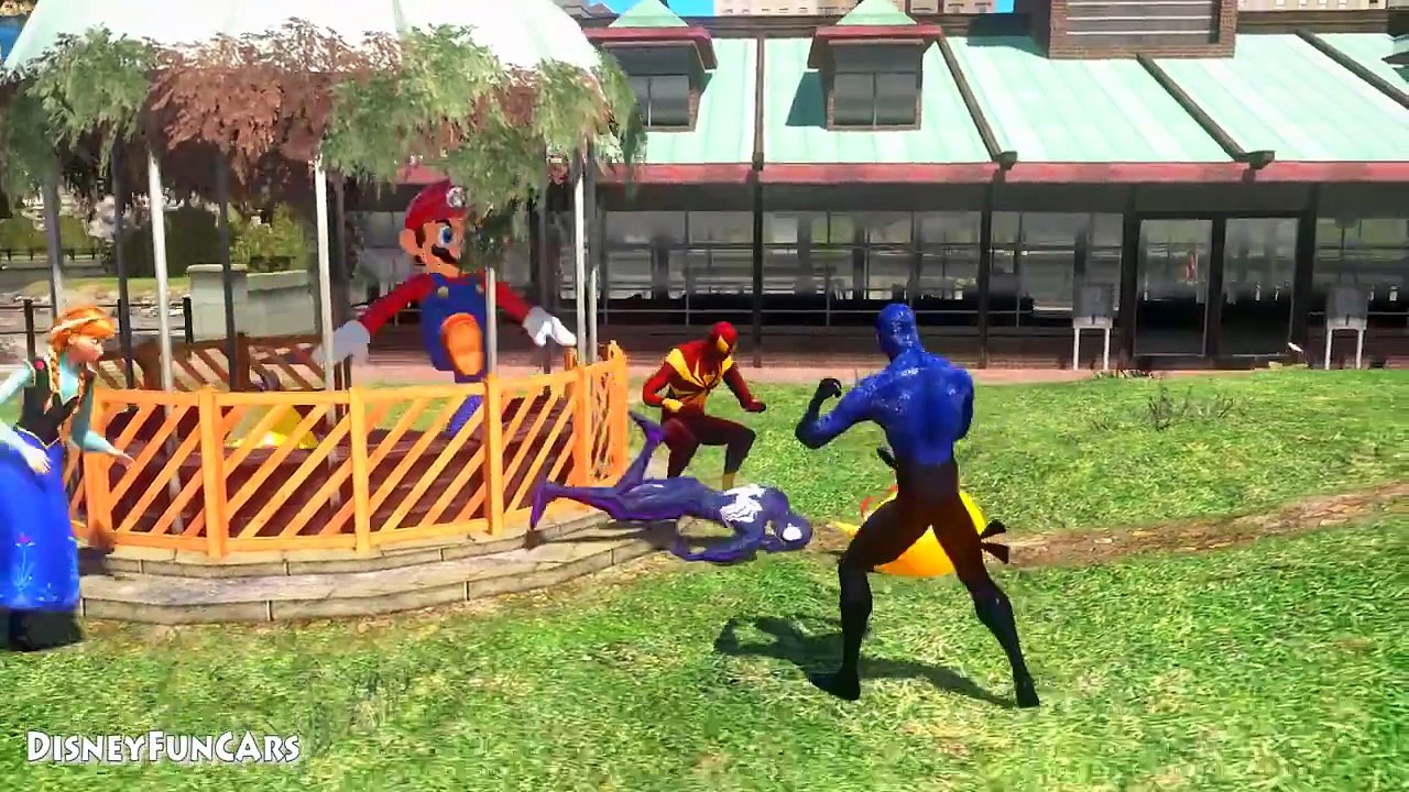 Spiderman Cartoon having fun playtime w/ Angry birds cars + Super Mario & Frozen Anna rhym