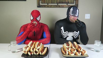Fat Spiderman vs Fat Venom - Real Life Hot Dog Eating Contest! Superhero Movie