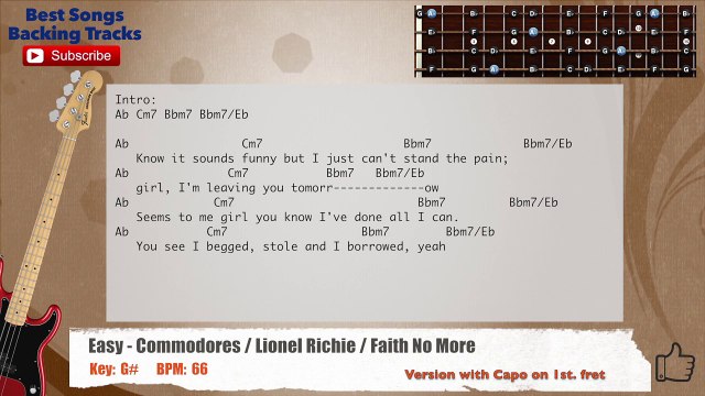 Easy - Commodores _ Lionel Richie _ Faith No More Bass Backing Track with scale, chords and lyrics