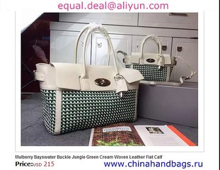Mulberry Bayswater Buckle Jungle Green Cream Woven Leather Flat Calf Replica for Sale