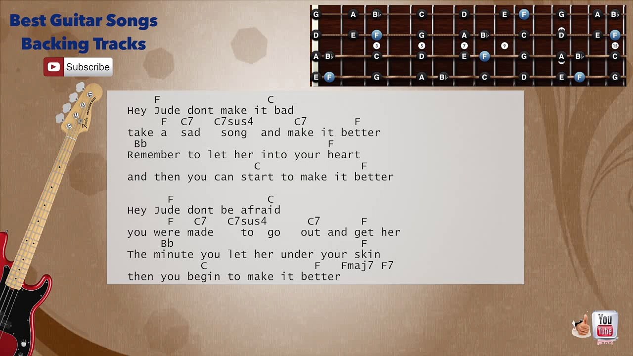 Hey Jude - The Beatles (Jazzy Version) Bass Backing Track with scale, chords and lyrics