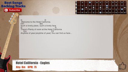 Hotel California - Eagles Bass Backing Track with scale, chords and lyrics
