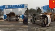 Construction truck clears the way, moves illegally parked cars