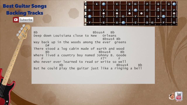 Johnny B Goode - Chuck Berry Bass Backing Track with scale, chords and lyrics