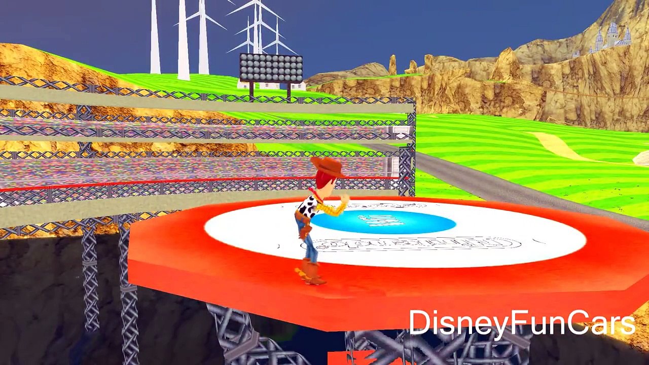 Spiderman Cartoon cars fun w/ Woody Toy Story Mickey Mouse Frozen Buzz Lightyear + Rhymes