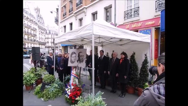 Inauguration de la place Mireille-et-Jacques-Renouvin, le 26 mars 2016, par Anne Hidalgo, maire de Paris