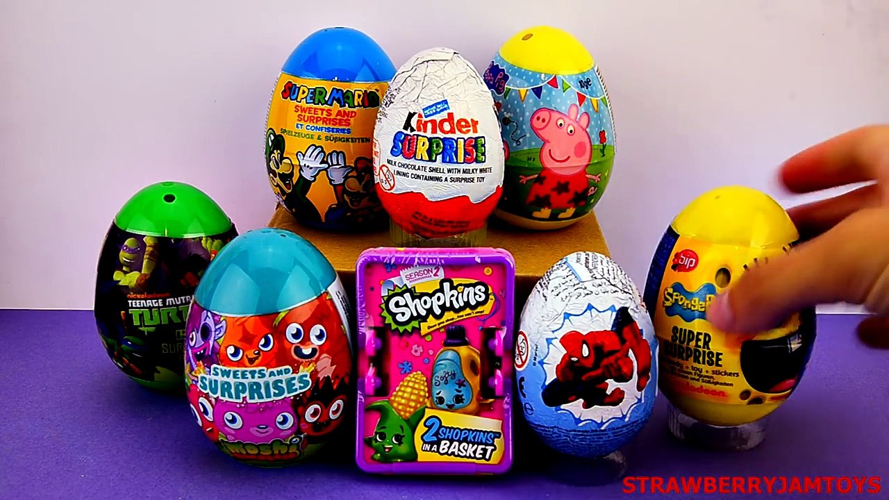 Peppa Pig Shopkins Kinder Surprise Spiderman Spongebob TMNT Surprise Eggs StrawberryJamToys