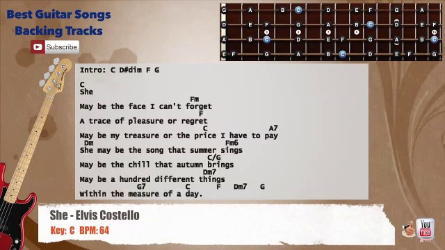 She - Elvis Costello Bass Backing Track with scale, chords and lyrics