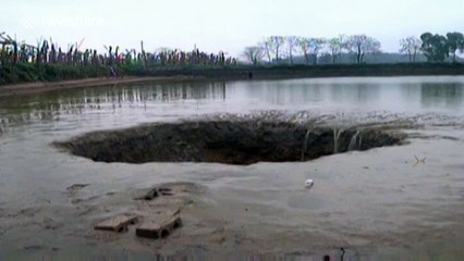 Sinkhole opens in large pond, swallowing fish