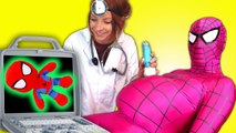 Spiderman, Frozen Elsa & Pink Spidergirl w- Doctor! Spiderbaby is sick! Superheroes in Real Life -)